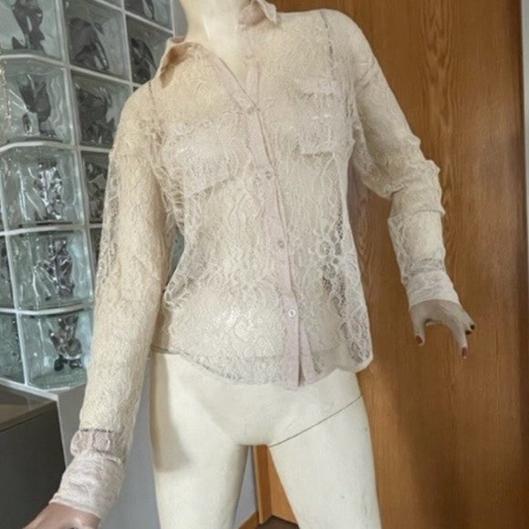 FREE PEOPLE LACE BLOUSE XSmall  Antique Ivory with Long Sleeves, Drop Shoulders - Picture 2 of 13